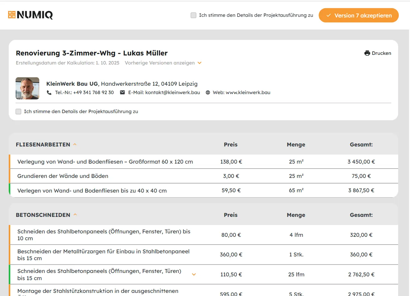 NUMIQ – geteilte Kalkulation